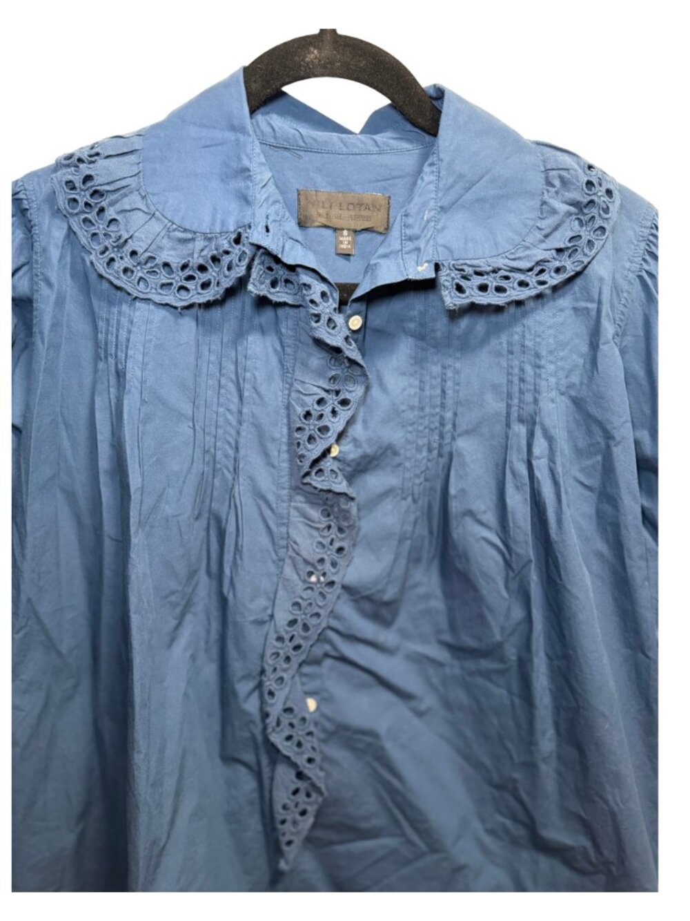 Nili Lotan Blue Eyelet Ruffle Collar Cotton Blouse - Picture 3 of 5